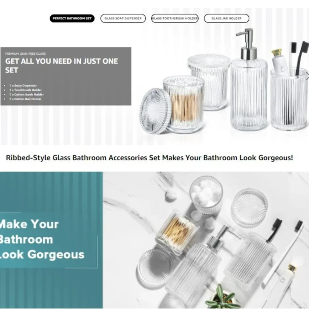 4 pc - Ribbed Glass Bathroom Accessory Set  (Clear)